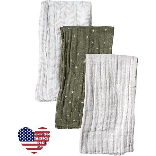 Organic Muslin Burp Cloths, Set of 3 | 100% Cotton Boho Extra-Large 22"x12" Soft Absorbent Shower Gift Essentials Gear Three Pack Burping Cloth Rags Towels for Newborn Boys Girls