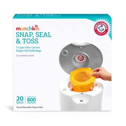 Munchkin Arm & Hammer Snap, Seal & Toss Diaper Pail Bag Refills, Hold Up To 600 Newborn Diapers, 20 Pack