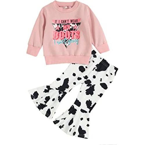 Toddler Baby Girl Fall Winter Clothes Set Letter Print Pullover Sweatshirt Top+Cow Spot Flared Pants Bell Bottom Outfits