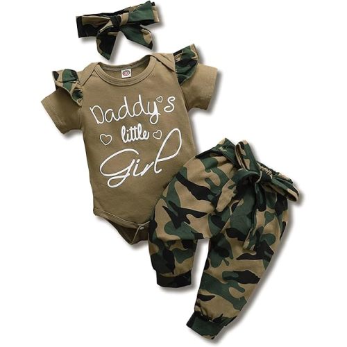 AMAWMW Baby Girl Clothes Set Daddys Little Girl Ruffle Romper Top Camouflage Pants Newborn Infant Baby Girl Outfit