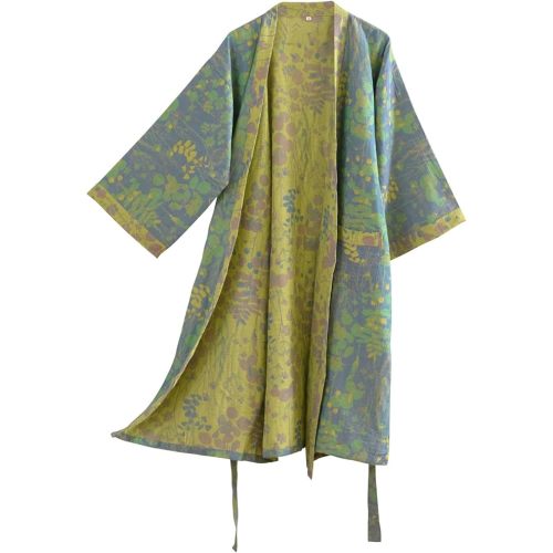 100% Cotton Gauze Ginkgo Leaf Kimono Robe, Long Knit Loose Bathrobe Nightgown Ladies Loungewear Sleepwear for Women