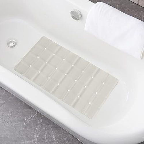 Foldable Non Slip Silicon Bath Mat Bathtub mat no Suction Cups for Textured Tub and Reglazed Tub(Foldable-Beige, 28-inch x 14-inch)