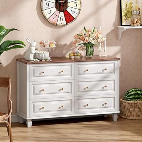 6 Drawer Dresser,47" Wide Mid Century Chest of Drawers,Wooden Bedroom Drawer Dresser with 6 Storage Drawers for Bedroom,Living Room,with Anti-Tipping Device,White and Walnut2