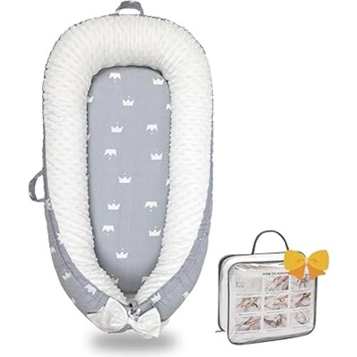 Baby Lounger-Breathable and Soft Organic 100% Cotton, Portable Infant Lounger with Removable Lounger Cover, Floor Lounger for Newborn - Grey Crown
