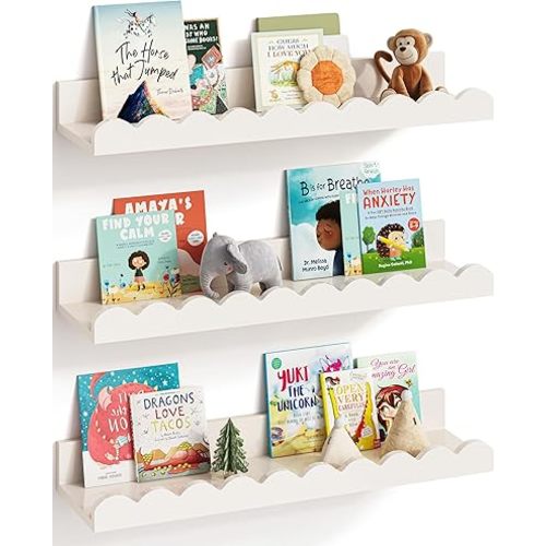 G&W Gruwald Nursery Book Shelves, Set of 3, Nursery Decor for Baby and Toddler, Scalloped Shelves, Book Shelf for Kids Rooms, Wall Book Shelves for Bedroom Kids, Floating Book Shelves for Wall