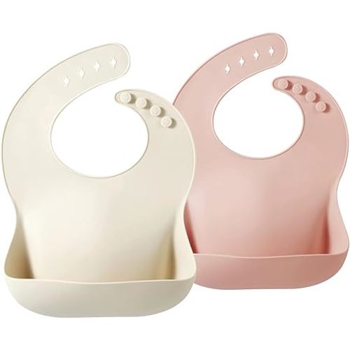PandaEar 2 Pack Silicone Baby Bibs for Girls, Waterproof Silicone Bibs with Food Catcher, Thick Adjustable Toddler Bibs Baby Food Bibs for Eating, Soft, Non Messy (Pink Tawny)
