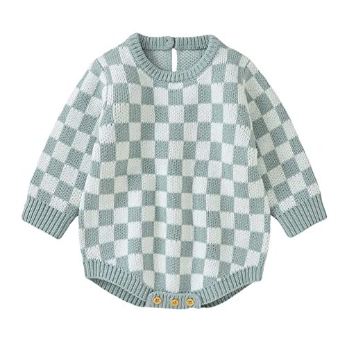 Unisex Baby Girl Boy Knitted Romper Jumpsuit Checkerboard Plaid One Piece Button Down Sweater Playsuit Clothes