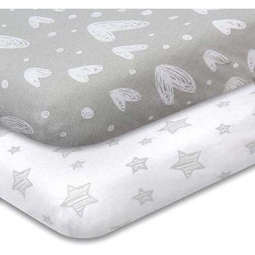 Biloban Pack and Play Fitted Sheets 2 Pack, 100% Natural Cotton Jersey Knit Fitted for Pack and Play Playard, Soft Breathable, Preshrunk, Gray Stars