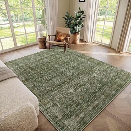 Washable 5x7 Area Rugs for Living Room, Boho Non-Slip Vintage Distress Rugs for Bedroom Dining Room Nursery Office, 0.3" Neutral Oriental Throw Thin Carpet with Cushioning Pad, Grass Green/Multi