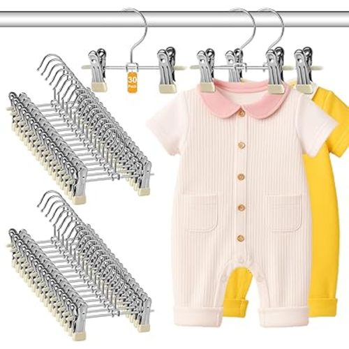 BUSOHA Baby Pants Hangers with Clips - 30 Pack 7” Stainless Steel Kids Toddler Hangers Closet Organizer Skirt Clothes Space Saving for Home Baby Essentials