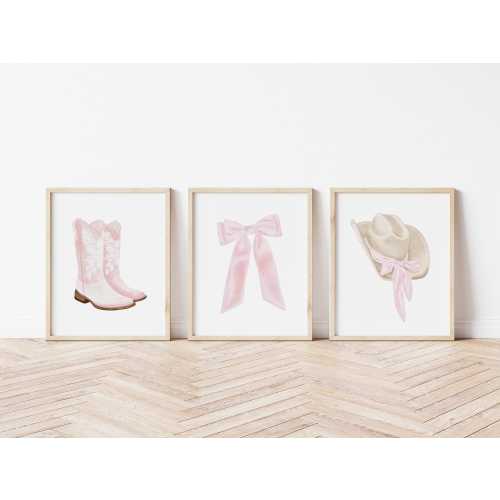 Pink Cowgirl Set of 3 Prints, Girly Western Nursery Wall Art, Pink Cowgirl Hat and Boots, Coquette Decor, Western Aesthetic