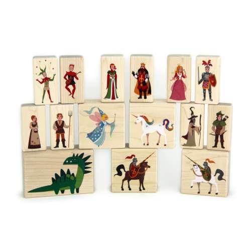 Fairytale Friends Building Blocks | Solid Maple Wooden Playset for Kids with Enchanted Fairy Dragon Unicorn Knights Wizard King and Queen