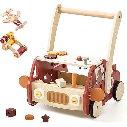 IEATFO 3-in-1 Wooden Baby Walker Adjustable Height with Tool Bench and Toy Storage Wagon - Multifunctional Toddler Push Walker Ergonomically Designed for Natural Walking - 3+ Years of Continuous Use