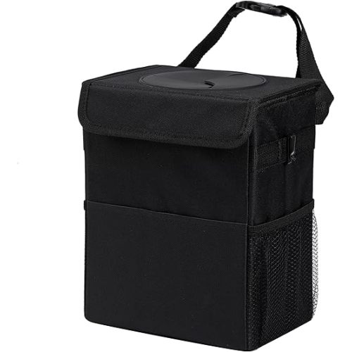 Car Garbage can with lid Leak Proof Vehicle Trash Can 3 Storage Pockets Hanging Waterproof car Trash Bag for SUV Black