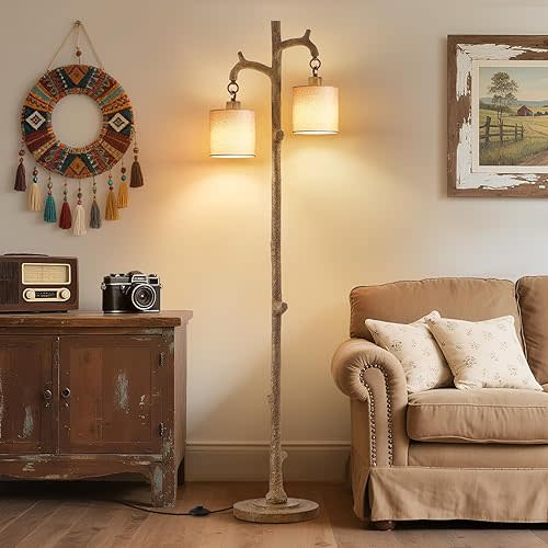 Rustic Floor Lamp for Living Room - Newly Upgraded Heavy-Duty Resin Base Farmhouse Floor Lamp with 2 Country Vintage Reading Light - Standing Lamps for Bedroom Office Home Decor (Brown, 2 Bulbs)