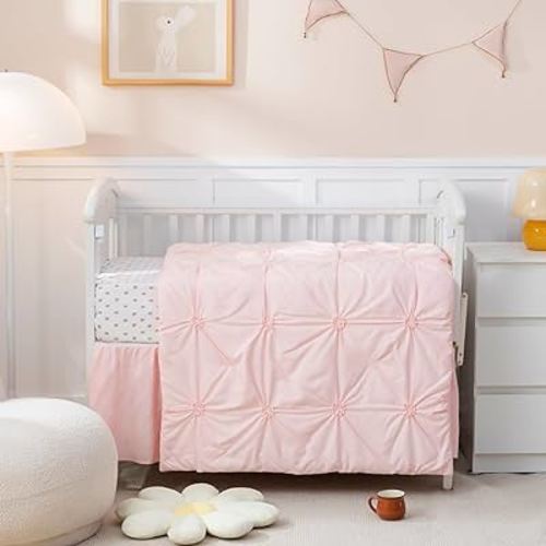 PINNKKU 3-Piece Crib Bedding Set for Boy Girls, Includes Crib Skirt, Blanket and Crib Sheet, Crib Baby Bedding, Pintuck Pinch Pleat Pink