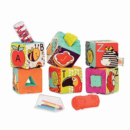 B. toys- B. baby- Baby Blocks – Soft Fabric Building Blocks for Toddlers – Educational Alphabet Blocks with 6 Textured Toy Blocks & 5 Shapes – ABC Block Party -Grab & Stack Blocks- 6 months +