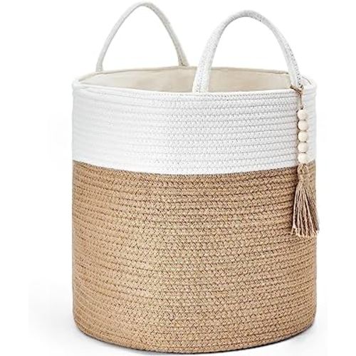 Mkono Tall Laundry Basket Woven Storage Decorative Rope Basket Wooden Bead Decoration for Blankets,Toys,Clothes Organizer Bin with Handles Living Room Home Decor, 15"Wx17.7"L,White and Yellow