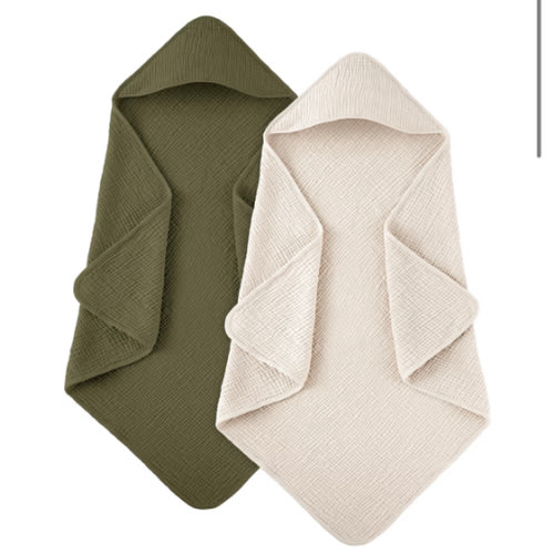 Susurration Hooded Baby Towels for Newborn 2 Pack 100% Muslin Cotton Towel for Babies，Highly Absorbent and Newborn Essential 30x30 Inch Cream&Dark Green