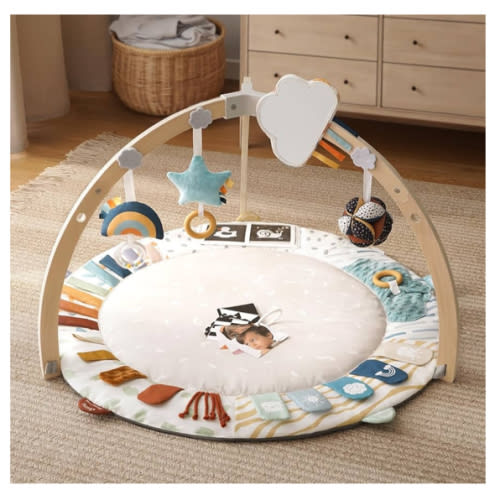 Blissful Diary Baby Play Gym & Activity Mat, 5 Developmental Zones Wooden Tummy Time Mat with 5 Detachable Sensory Toys for Motor Skills & Sensory Development, Baby Essentials Shower Gift