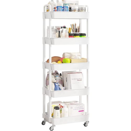 UDEAR 5-Tier Rolling Utility Cart with 12 Category Labels,Multifunctional Storage Shelves with Handle and Lockable Wheels for Room,Office,Kitchen,Bathroom,White