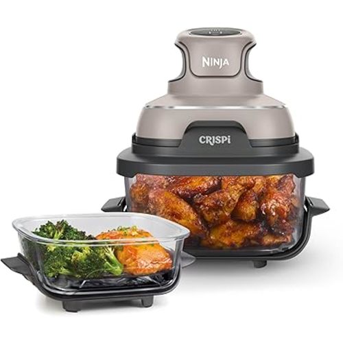 Ninja Crispi Air Fryer, Microwave, Freezer & Dishwasher Safe, Non Toxic Glass Portable Cooking System, 4 QT & 6 Cup Glass Containers with Storage Lids, Easy Meals, Air Fry, Bake, Stone, FN101ST