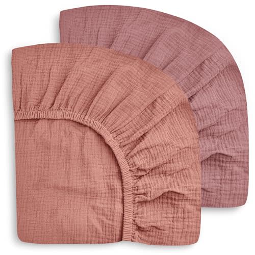 SWEET DOLPHIN 2-Pack Muslin Crib Sheets for Boys & Girls, Ultra Soft Breathable 40S Long-Staple Cotton Fitted Baby Sheets for Standard Crib Mattress 52"x28", Deep Bean Paste- Nursery Essentials