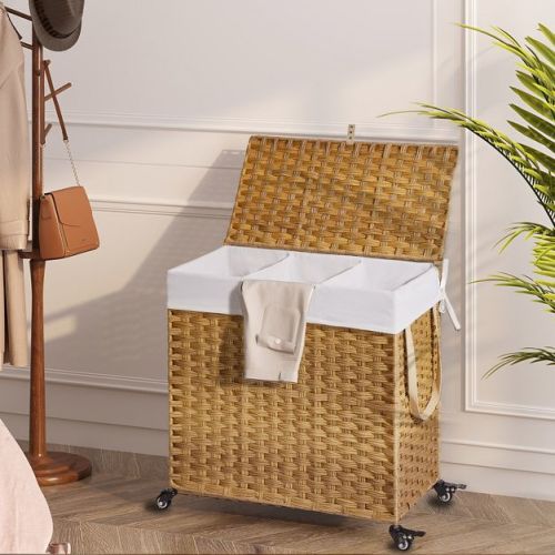 Greenstell Laundry Basket with Lid, Two Removable Inner Lining Bags, Two-compartment Garment Storage Basket, Natural
