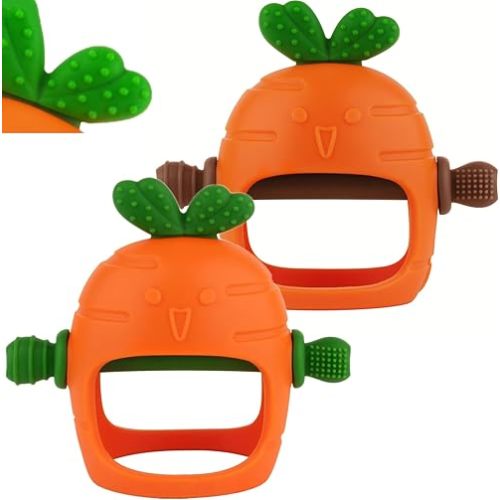 Fu Store 2 Pack Baby Teething Toy for 0-6 6-12 12-36 Months Food Grade Silicone Carrot Teething Mitten Anti Dropping Wrist Hand Teethers Baby Chew Easter Toys for Sucking Needs BPA Free