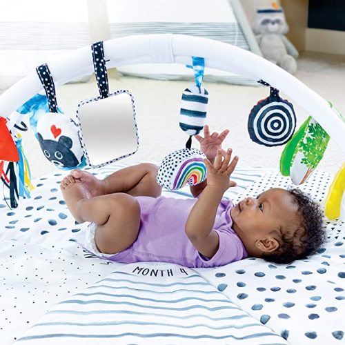 Sassy Stages STEM Developmental Play Gym, Sensory Tummy Time Activity Play Mat w/Built-in Instructions, Ultra Plush & Machine Washable Playmat for Babies & Toddlers - Tummy Time Milestone Activity Playmat