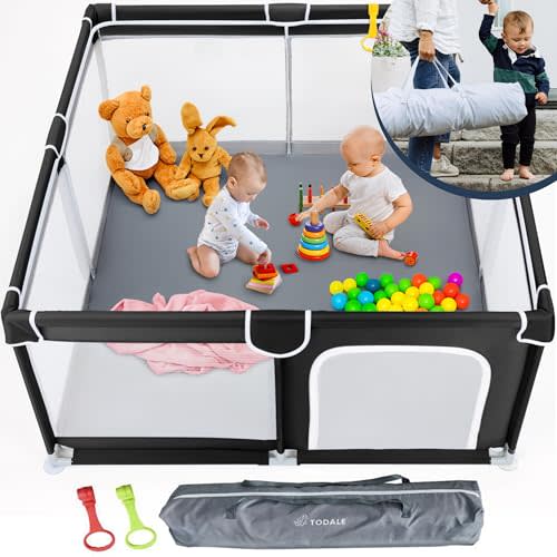 TODALE Baby Playpen for Toddler, Large Baby Playard, Indoor & Outdoor Kids Activity Center with Anti-Slip Base, Sturdy Safety Play Yard with Soft Breathable Mesh, Playpen for Babies(Black,50”×50”)