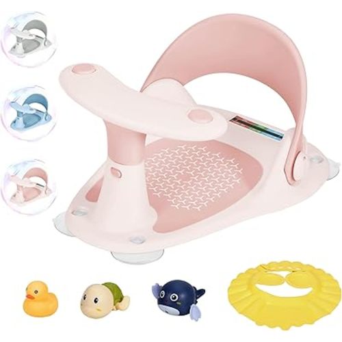 Baby Bath Seat 6-24 Months-Baby Bath Support Toddler Bath Seat with Water Thermometer/4 Strong Suction Cup/3 Bath Toys/Shower Cap Baby Bath Seats for Sitting up in The tub(Pink)