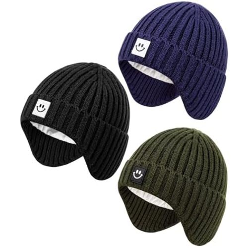 3 Pack Baby Beanie Hats with Earflaps, 2 Size Baby Winter Hat for Infant Toddler Kids, Fleece Lined Knit Hat for Girls Boys