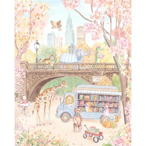 Nursery Art print Safari Animals in Central Park New York Bookstore // Kids room // Whimsical art// GrandMillennial watercolor
