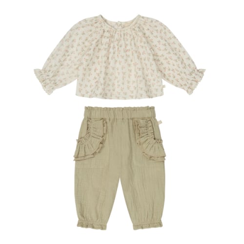 Floral Muslin Bloomer Blouse & Sage Muslin Frilled Pants Outfit floral / 3 - 6 M