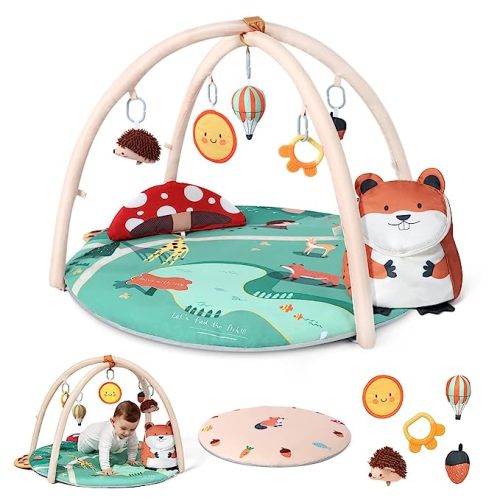 Baby Play Mat, Besrey 7 in 1 Thicker Baby Play Gym, 5 Zoo Theme Developmental Toys Activity Gym Mat, 2 Replaceable Washable Mat Cover, Soft Pillow & Cushion, Tummy Time Mat for Toddler Infant Newborn