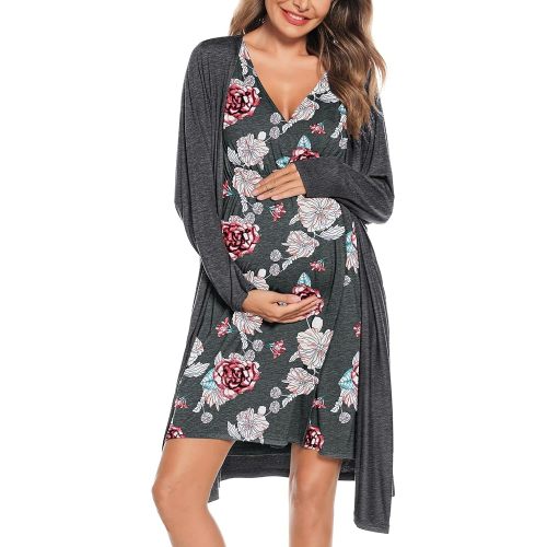 SWOMOG Women Maternity Nursing Gown and Robe Set 3 in 1 Labor Delivery Nursing Nightgown for Breastfeeding Hospital Bathrobe