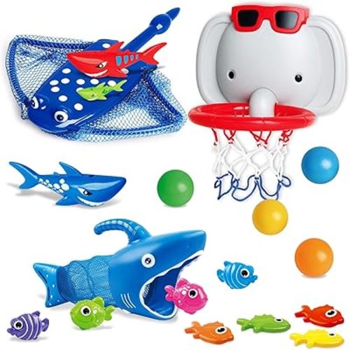 Bath Toys for Kids Ages 1-3,18PCS Baby Bathtub Toys Pool Outdoor Beach Games,No Holes Basketball Hoop with 4 Balls and Shark Fishing Net, Birthday Gift for Toddler Girls Boys1 2 3 4 5 Year Old Toy