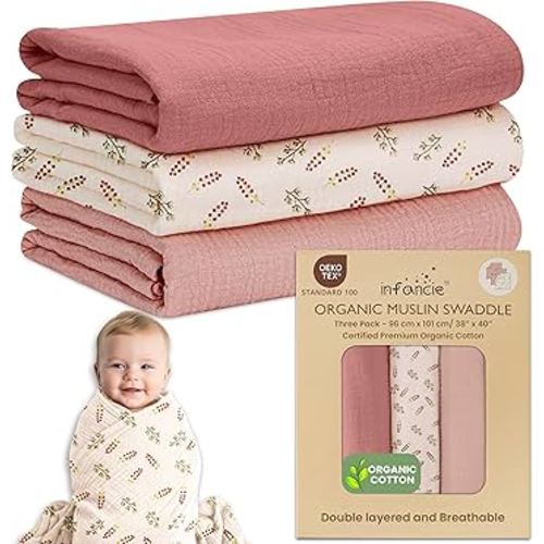 Organic Cotton Muslin Baby Blanket 3 Pack - 38x40 CM Breathable Swaddle, Hypoallergenic Double-Layer, Versatile Use (Pink, Floral, Rust, 38x40 CM)