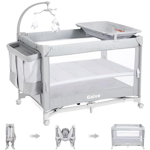 GAIVE Baby Bassinet Bedside Crib, Pack and Play with Mattress, Diaper Changer, One-Push Setup Playards from Infants to Toddlers (Grey)