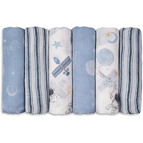 GLLQUEN BABY Receiving Blanket Boy Cotton Muslin Swaddle Blankets Girl Newborn Squares Breathable & Soft Thin Baby Blankets Cloths Double Absorbent Infant Swaddling Wrap - 6 Pack (Astronaut)
