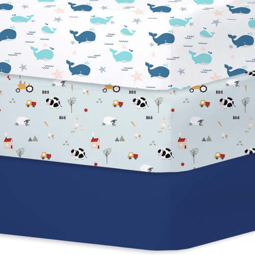Little Grape Land Crib Sheets for Baby Boys 3 Pack, 28"x 52" Extra Soft Microfiber Crib Sheet Set for Standard Crib & Toddler Mattress Pad, Whale & Rustic Ranch-Blue & Blue
