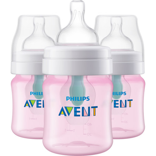 Philips Avent Anti-colic Bottle with AirFree Vent, 4oz, 3pk, Pink, SCF401/34