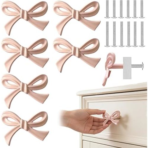 6-Pack Bow Drawer Knobs Zinc Alloy Vintage Drawer Pulls Solid & Durable Bow Tie Shaped Cabinet Hardware Pulls Decorative Handles for Drawers Storage Cabinets Dresser Bookcases (Pink-6Pcs)