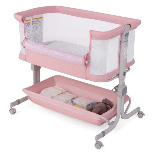 Bedside Crib w/ Adjustable Height Bassinet w/ Storage Shelf & Wheels
