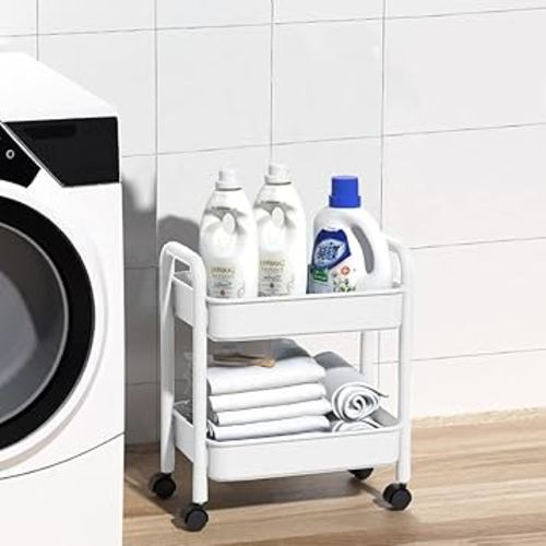 Organizador de almacenamiento de 2 niveles con ruedas para sofá, mesa auxiliar con ruedas, organizador móvil para debajo del escritorio, con asa para oficina, hogar, cocina, organización, color blanco