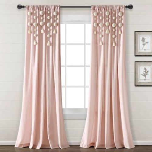 84"x52" Boho Pom Pom Tassel Linen Window Curtain Panels Blush - Lush Décor: Light Filtering, Microfiber, Rod Pocket