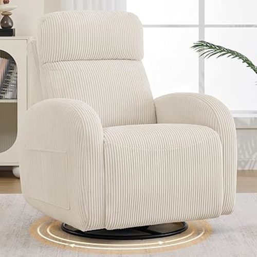 Dual Motors Power Recliner with Adjustable Headrest, Electric Swivel Rocker Recliner for Nursery, Glider Reclining Rocking Nursery Chairs for Small Space, Living Room, Bedroom, Corduroy Cream White