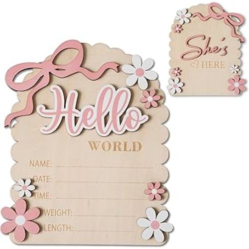 Baby Announcement Sign, Hello World Newborn Sign for Hospital, She’s Here Card, Baby Announcements Ideas, Newborn Photography Props Double-Sided (HW3)