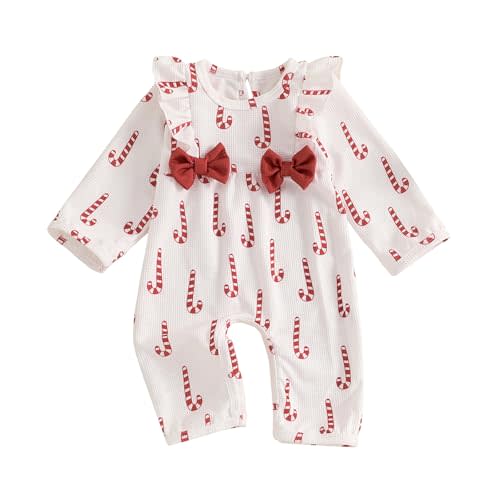 Newborn Baby Girl Christmas Outfit Waffle Knit Santa Candy Jumpsuit Romper Ruffle Bodysuit Long Overalls with Bow